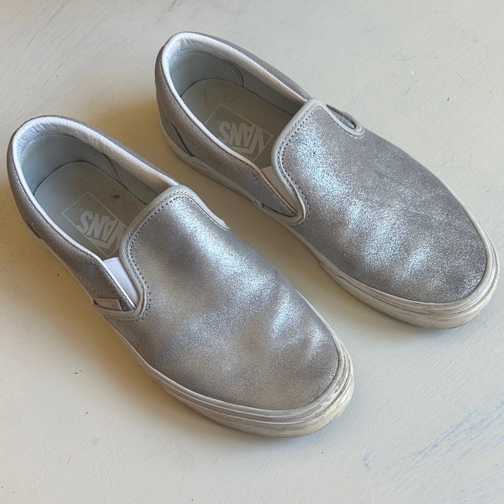 Vans Size 9 Shimmering Silver Slip-On Sneakers